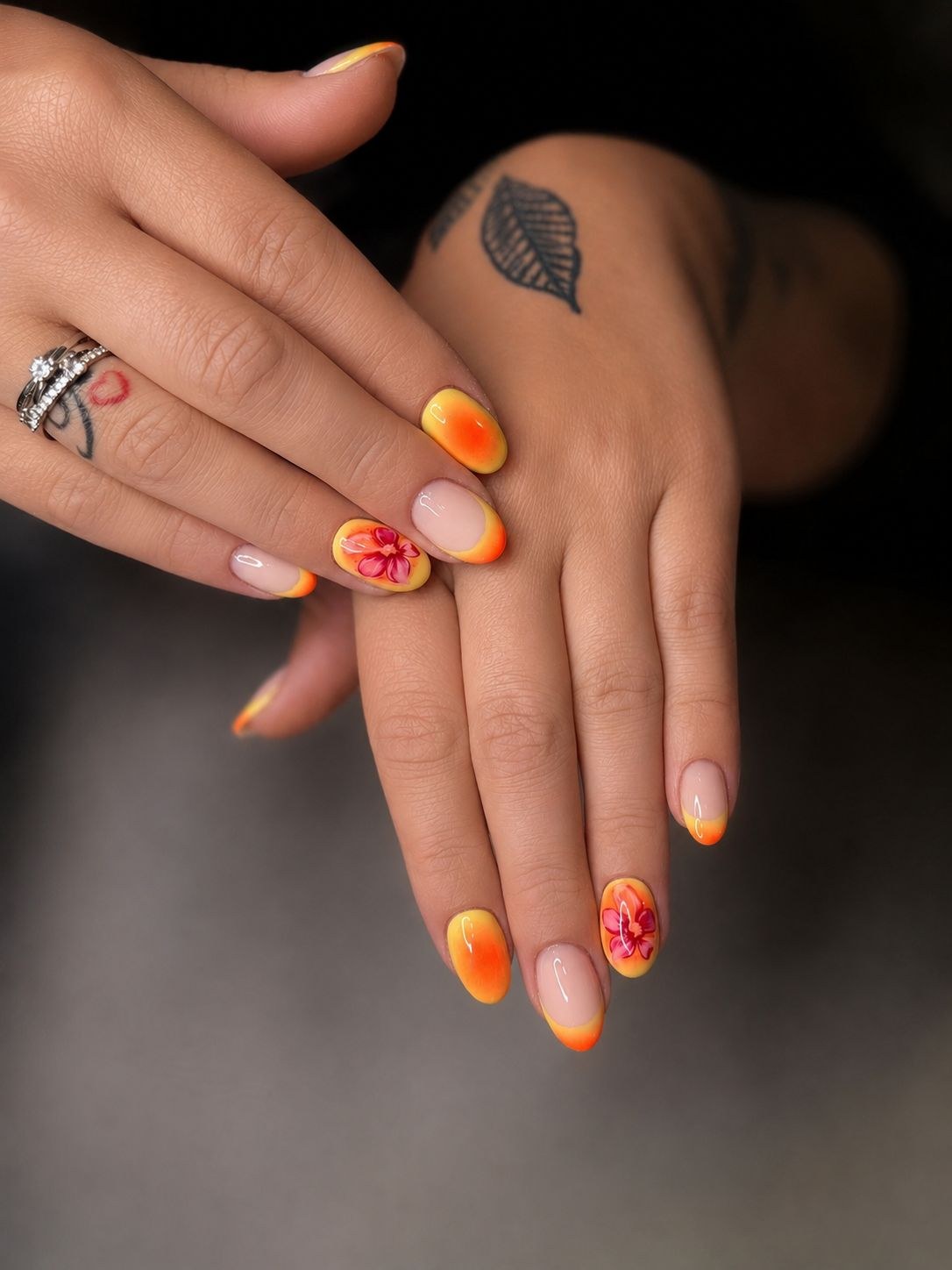 Orange floral nail art