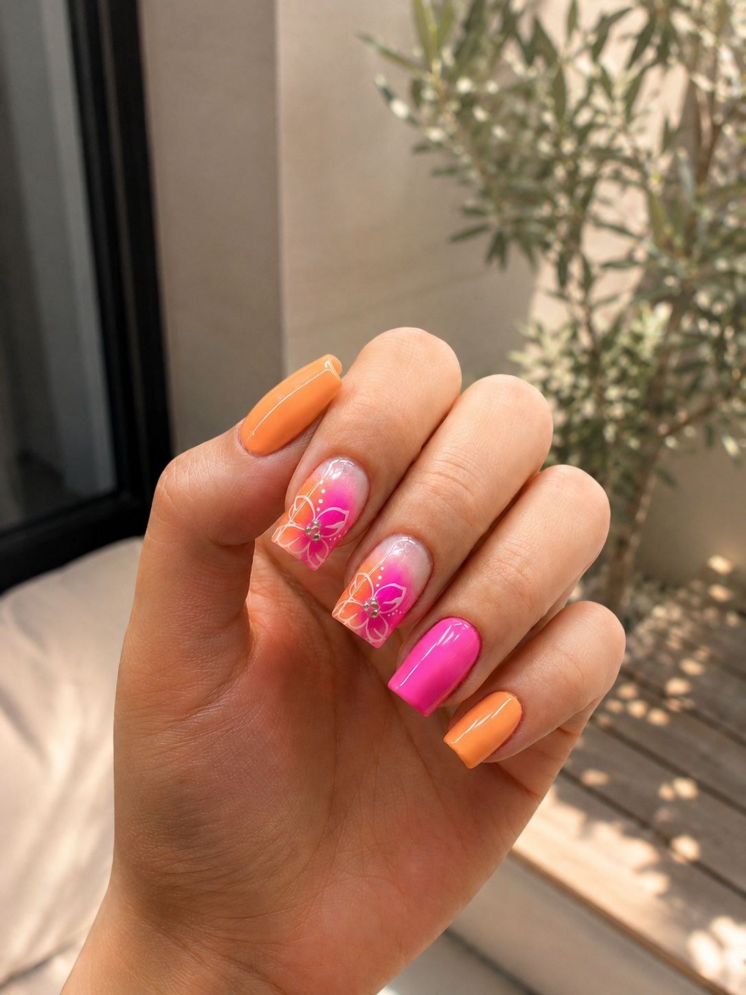 Pink and orange square nail art