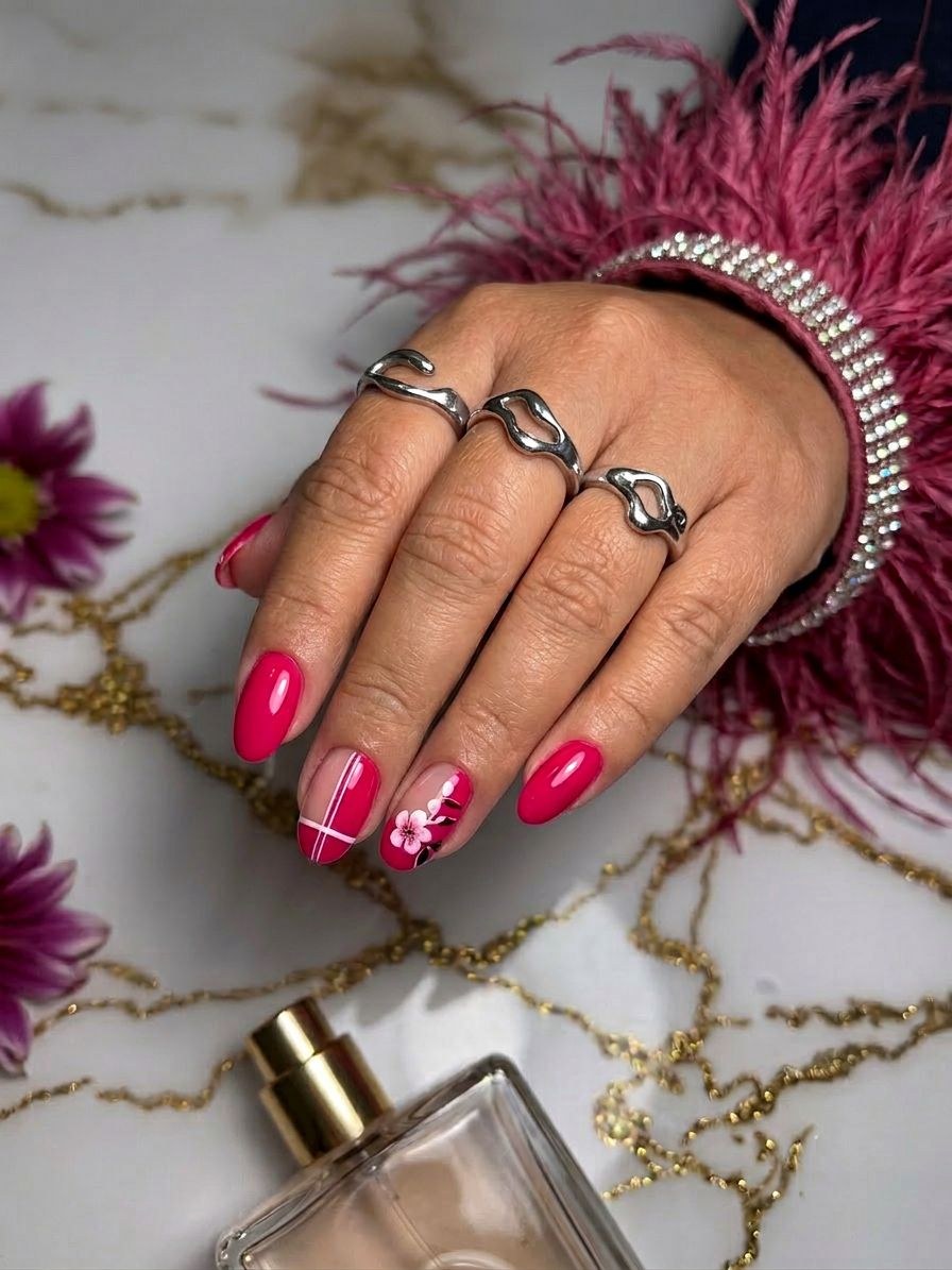 Pink manicure with floral detail